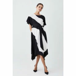 Cheap 😍 KarenMillen Petite Soft Tailored Colour Block Tie Waist Midi 👗 Dress For Female 🌟