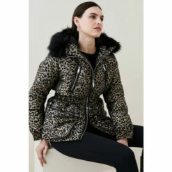 Budget 😉 KarenMillen Faux Fur Trim Animal Jacquard Puffer 🧥 Coat For Female ❤️