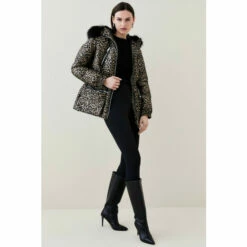 Budget 😉 KarenMillen Faux Fur Trim Animal Jacquard Puffer 🧥 Coat For Female ❤️ -Karen Millen Sales unnamed file 1069