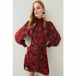 Cheap 🧨 KarenMillen Petite Snake Print Georgette Pleated Woven Mini 👗 Dress For Female 🎉