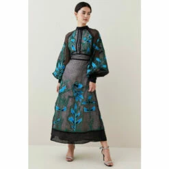 Coupon ✨ KarenMillen Geo And Floral Applique Organdie Maxi 👗 Dress For Female 👍