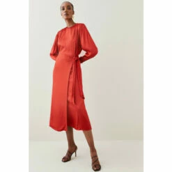 Discount 🔔 KarenMillen Viscose Satin Satin Batwing Wrap Midi 👗 Dress For Female 😉