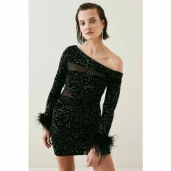 Discount 🎉 KarenMillen Tall Sequin Velvet Mesh Detail Feather Cuff Jersey Mini Dres For Female 🤩