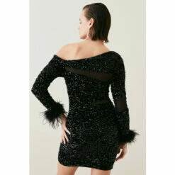 Discount 🎉 KarenMillen Tall Sequin Velvet Mesh Detail Feather Cuff Jersey Mini Dres For Female 🤩 -Karen Millen Sales unnamed file 1464