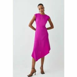 Buy ✔️ KarenMillen Soft Tailored Key Hole Cap Sleeve High Low Midi 👗 Dress For Female 🔔