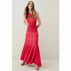 Discount 🎁 KarenMillen Contrast Jacquard Stud Detail Knit Maxi 👗 Dress For Female 🌟
