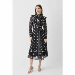 Best reviews of 🎉 KarenMillen Mono Mixed Dot Piped Ruffle Georgette Midi 👗 Dress For Female 👏 -Karen Millen Sales unnamed file 1501