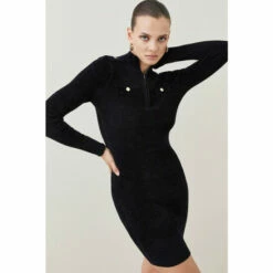 Promo ❤️ KarenMillen Micro Chenille Rib Knitted Half Zip Mini 👗 Dress For Female 😀 -Karen Millen Sales unnamed file 1561