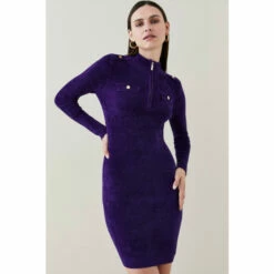 Promo ❤️ KarenMillen Micro Chenille Rib Knitted Half Zip Mini 👗 Dress For Female 😀 -Karen Millen Sales unnamed file 1562