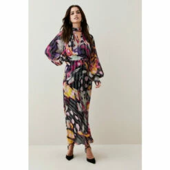 Flash Sale 😀 KarenMillen Abstract Butterly Georgette Metallic Thread Midi 👗 Dress For Female 🔔 -Karen Millen Sales unnamed file 1605