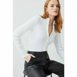 Best Pirce ⌛ KarenMillen Funnel Neck Knitted Rib Zip Through Cardigan For Female 🌟 -Karen Millen Sales unnamed file 1645