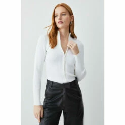 Best Pirce ⌛ KarenMillen Funnel Neck Knitted Rib Zip Through Cardigan For Female 🌟 -Karen Millen Sales unnamed file 1646