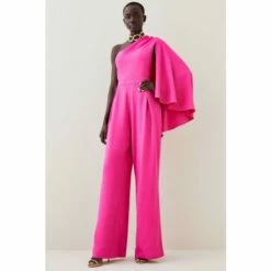 Best Pirce 🛒 KarenMillen Tall Compact Viscose One Shoulder Cape Jumpsuit For Female 🌟