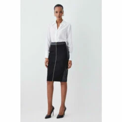 New โญ KarenMillen High Waisted Zip Through Ponte And Pu Midi Pencil ๐ Skirt For Female ๐