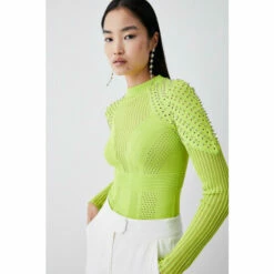 Buy ✨ KarenMillen Petite Mesh Cable Knit High Neck Jumper For Female 👍