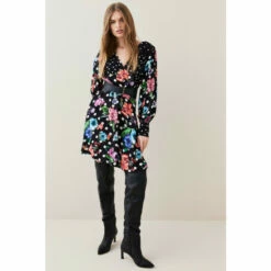Deals โค๏ธ KarenMillen Spots And Floral Plunge Neck Woven Mini ๐ Dress For Female โค๏ธ