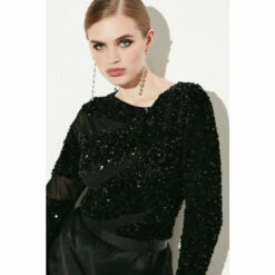 Best reviews of ✨ KarenMillen All Over Sequin Jersey Mesh Top For Female 🔥 -Karen Millen Sales unnamed file 2083