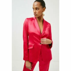 Outlet 🔥 KarenMillen Italian Structured Satin Single Button Blazer For Female 🌟