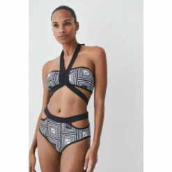 Top 10 💯 KarenMillen Mono Print High Waist Cut Out 👙 Bikini Bottoms For Female 🛒