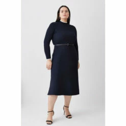 New 🔥 KarenMillen Plus Size Rib Knit Belted Midi 👗 Dress For Female 😉