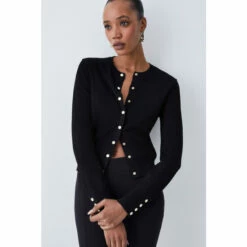 Flash Sale 🥰 KarenMillen Petite Viscose Blend Knit Crew Neck Cardigan For Female ✔️ - S, black