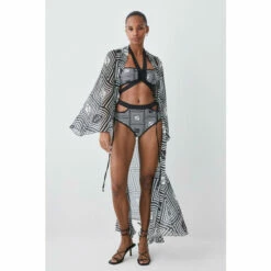 Hot Sale 🔥 KarenMillen Mono Print Halter Neck Tie Detail 👙 Bikini Top For Female 🤩 -Karen Millen Sales unnamed file 2249