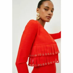 Outlet ⌛ KarenMillen Eyelet Fringe Crop Bandage Knit Cardigan For Female ⌛ -Karen Millen Sales unnamed file 2282