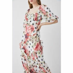 Promo 👏 KarenMillen Spot Floral Chiffon Square Neck Ruffle Maxi 👗 Dress For Female 🤩 -Karen Millen Sales unnamed file 241