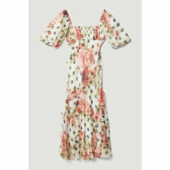 Promo 👏 KarenMillen Spot Floral Chiffon Square Neck Ruffle Maxi 👗 Dress For Female 🤩 -Karen Millen Sales unnamed file 242