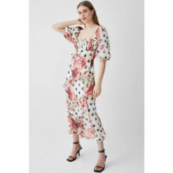 Promo 👏 KarenMillen Spot Floral Chiffon Square Neck Ruffle Maxi 👗 Dress For Female 🤩 -Karen Millen Sales unnamed file 243
