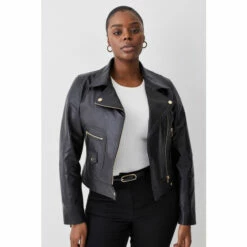 New 🥰 KarenMillen Plus Size Leather Pocket Detail Biker Jacket For Female 💯