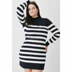 Best reviews of 🌟 KarenMillen Plus Size Stripe Rib Knit Belted Mini 👗 Dress For Female ✔️