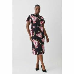 Best Pirce 🌟 KarenMillen Plus Size Belted Viscose Blend Long Sleeve Jersey Midi 👗 Dress For Female 💯