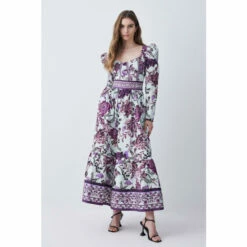 Budget 🤩 KarenMillen Lydia Millen Tall Border Cotton Sateen Woven Midi 👗 Dress For Female 🔔