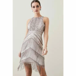 Top 10 ⌛ KarenMillen Petite Embellished Halter Fringed Mini 👗 Dress For Female 🛒