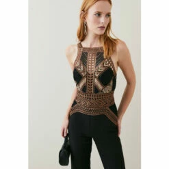 Flash Sale 🎁 KarenMillen Guipure Metallic Lace Wide Leg Jumpsuit For Female 😉