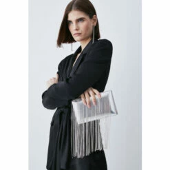 Deals 😉 KarenMillen Metallic Diamante Dangle Detail Clutch Bag For Female 💯