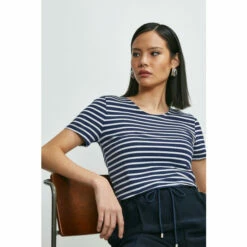 Deals 🥰 KarenMillen Organic Cotton Jersey Fitted Stripe Tee For Female ✔️