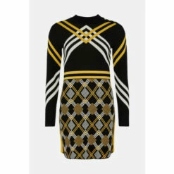 Outlet 🥰 KarenMillen Argyle Check Knitted Roll Neck Mini 👗 Dress For Female 🔔 -Karen Millen Sales unnamed file 2685