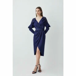 Promo ❤️ KarenMillen Satin And Lace Ruffle Woven Midi 👗 Dress For Female 🧨 -Karen Millen Sales unnamed file 2693