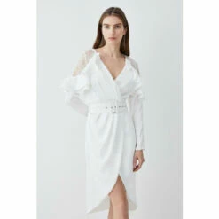 Promo ❤️ KarenMillen Satin And Lace Ruffle Woven Midi 👗 Dress For Female 🧨 -Karen Millen Sales unnamed file 2694
