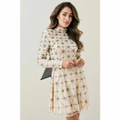 Brand new 😉 KarenMillen Lydia Millen Embellished Tie Neck Detail Woven Mini 👗 Dress For Female 🔥