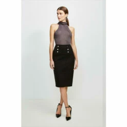 Buy ⌛ KarenMillen Button Pocket Ponte Midi 👗 Skirt For Female 🛒