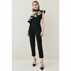 Flash Sale ❤️ KarenMillen Gold Jacquard Ruffle Structured Crepe Jumpsuit For Female 💯