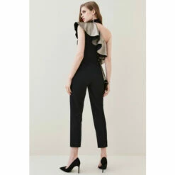 Flash Sale ❤️ KarenMillen Gold Jacquard Ruffle Structured Crepe Jumpsuit For Female 💯 -Karen Millen Sales unnamed file 2759