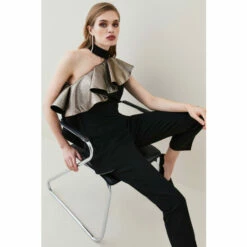 Flash Sale ❤️ KarenMillen Gold Jacquard Ruffle Structured Crepe Jumpsuit For Female 💯 -Karen Millen Sales unnamed file 2761