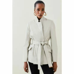 Best Sale 🤩 KarenMillen Leather Investment Notch Neck Short 🧥 Coat For Female 🎉