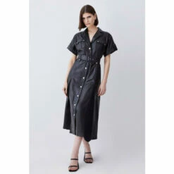 Hot Sale ๐ KarenMillen Leather Belted Button Detail ๐ Shirt Midi ๐ Dress For Female ๐
