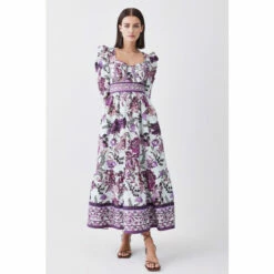 Deals 😍 KarenMillen Petite Lydia Millen Border Cotton Sateen Woven Midi 👗 Dress For Female 🔥