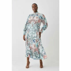 Best Pirce 🔥 KarenMillen Plus Size Mirrored Floral Satin Woven Midi 👗 Dress. For Female 💯